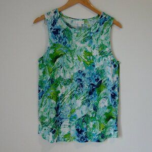 Linen Sleeveless Tank Top Loose Blue Green Watercolours Floral Flowy Size Small